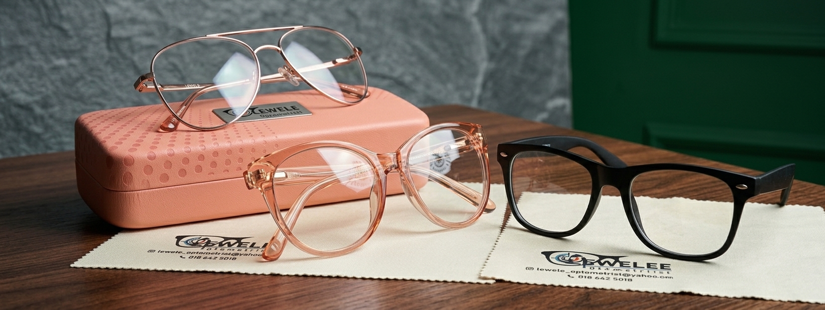 Selected Lewele Optometrist frames displayed with a branded case and cleaning cloth