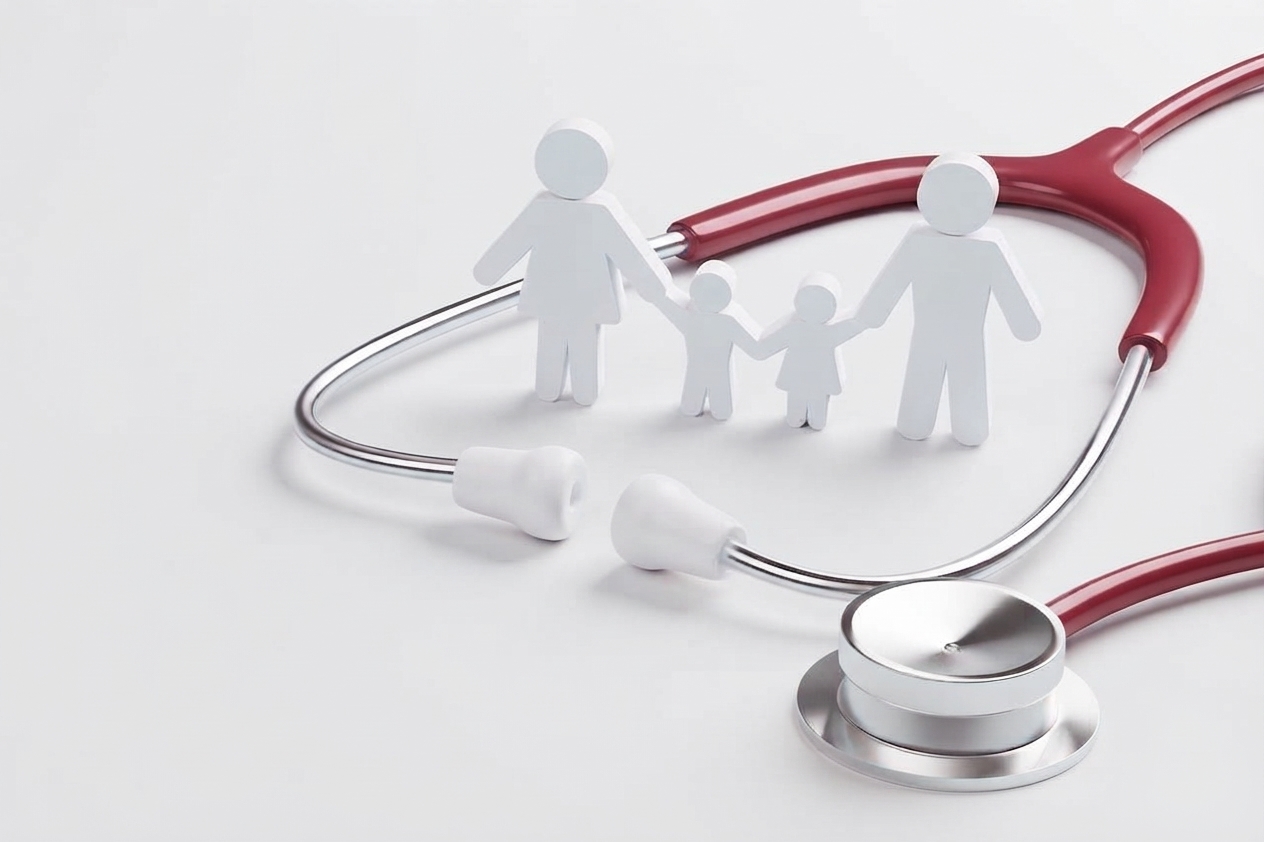 Paper cut-out family standing inside a red stethoscope, representing family healthcare